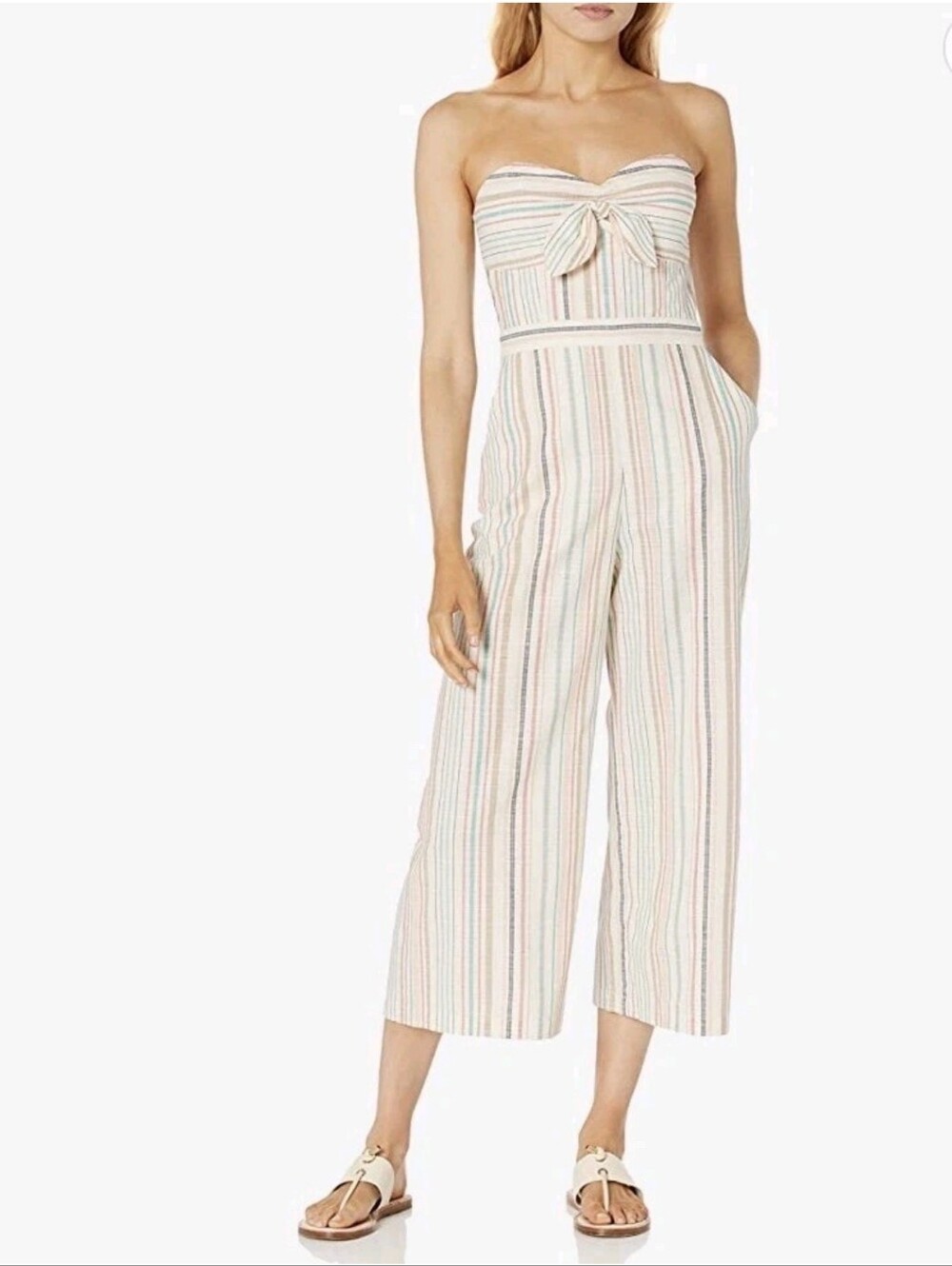 Parker Striped Strapless Tie Front Cotton Wide Leg Jumpsuit Size 2